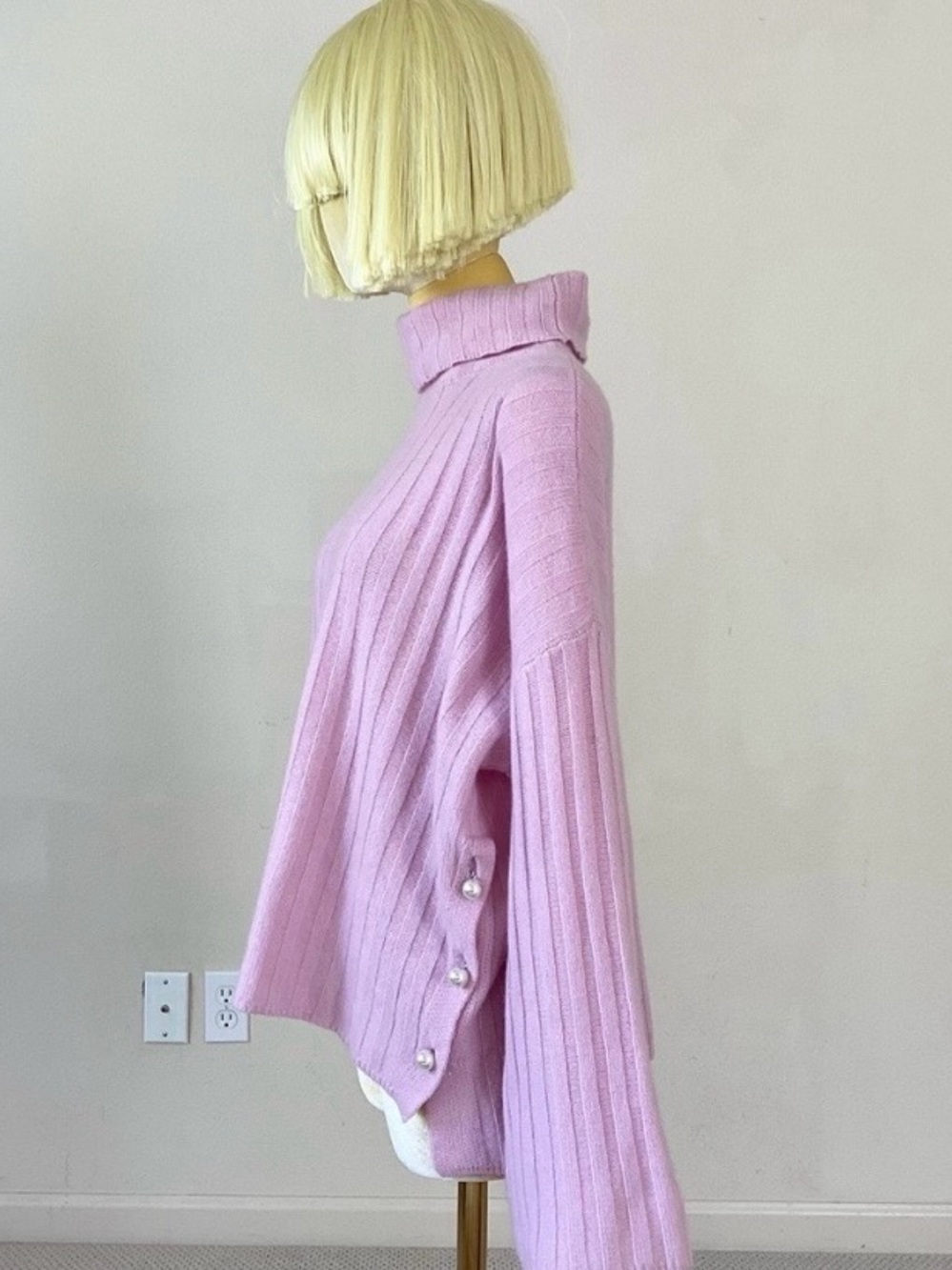 Milly Pink Ribbed Turtleneck Sweater with Side Pearl Buttons